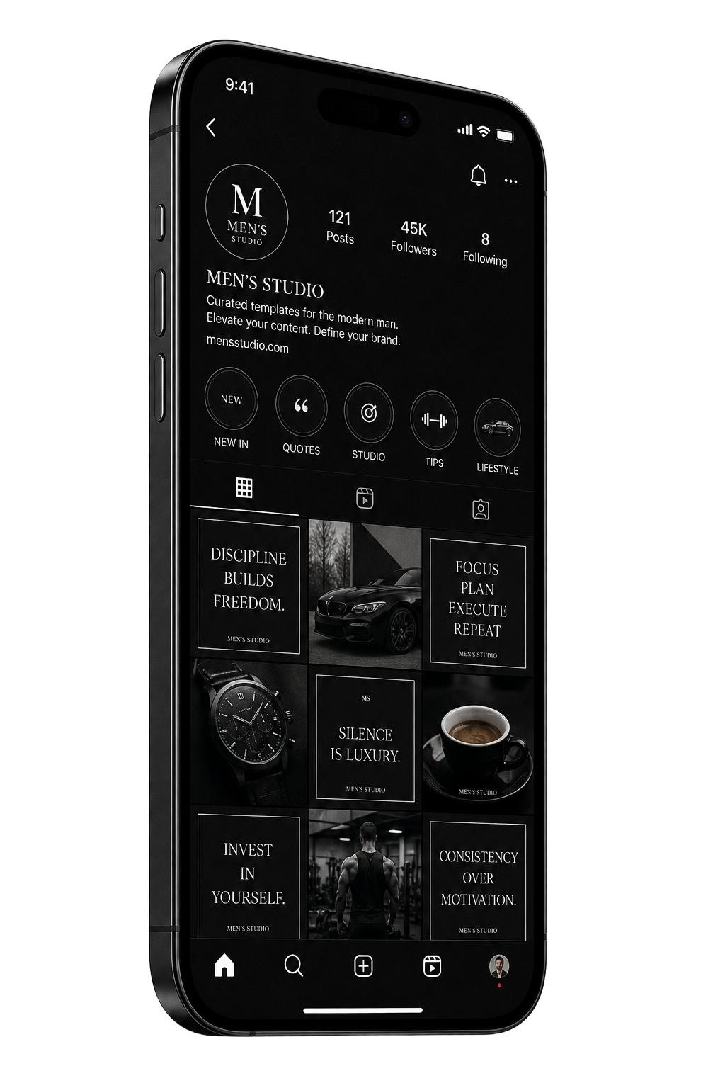 Men's Studio app exibido em iPhone
